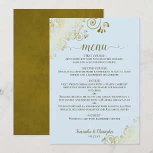 Elegant Gold Lace Frills on Powder Blue Wedding Me Menükarte