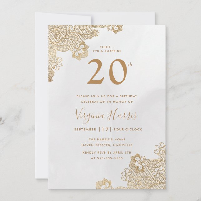 Elegant Gold Lace Verziert 20. Geburtstag Einladung (Vorderseite)