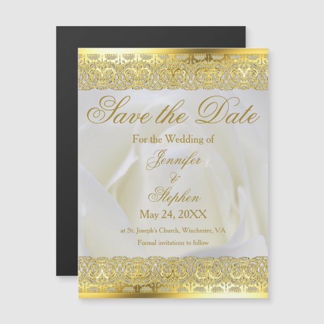 Elegant Gold Lace White Rose Hochzeit speichern Si Magneteinladung (Vorne/Hinten)