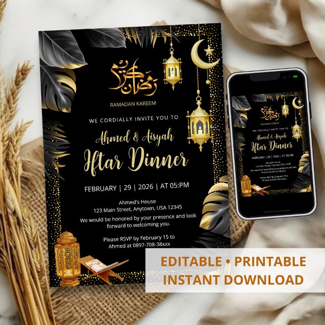 Elegant Gold Lanterns and Monstera Ramadan Iftar Einladung (Von Creator hochgeladen)