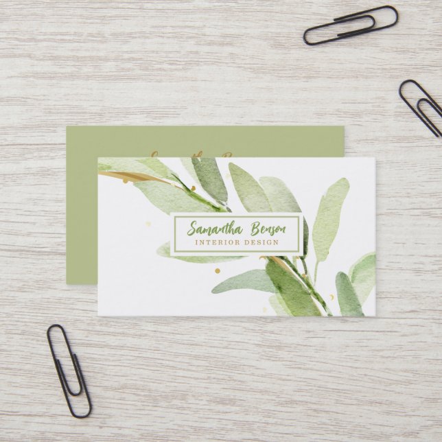 Elegant Gold Leaf Airy Greenery Visitenkarte (Vorderseite/Rückseite Beispiel)