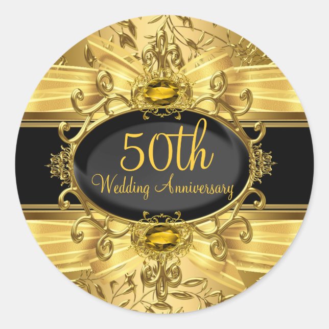 Elegant Gold Leaf & Gem 50-jähriger Sticker (Vorderseite)