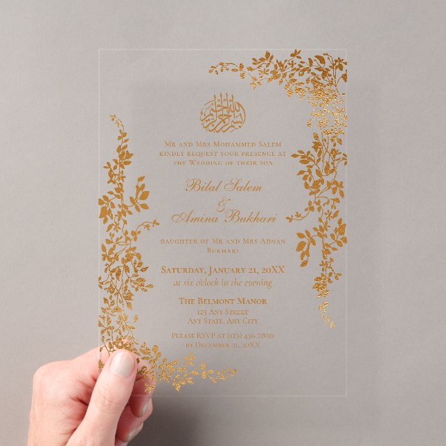 Elegant Gold Leaf Islamische Hochzeit Acryleinladungen (Insitu (Handheld))