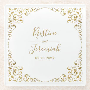 Elegant Gold Leaf Script Name Wedding Glasuntersetzer