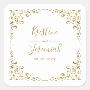 Elegant Gold Leaf Script Name Wedding Quadratischer Aufkleber
