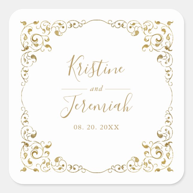 Elegant Gold Leaf Script Name Wedding Quadratischer Aufkleber (Vorderseite)