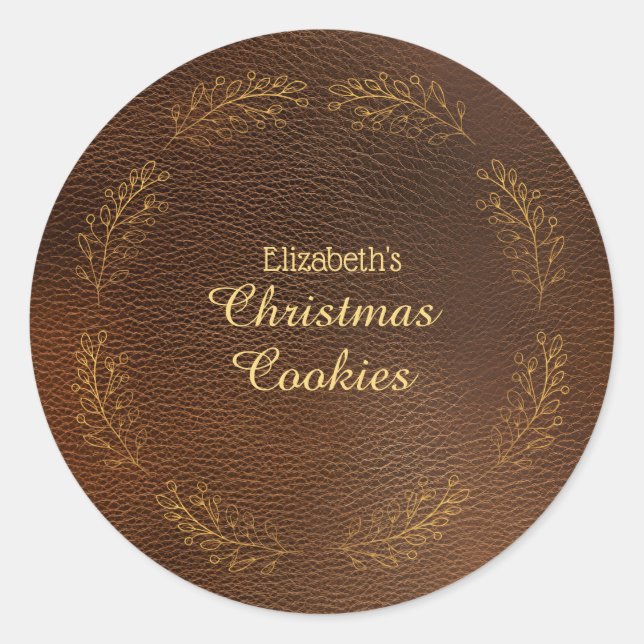 Elegant Gold Leaves Brown Christmas Cookies Runder Aufkleber (Vorderseite)