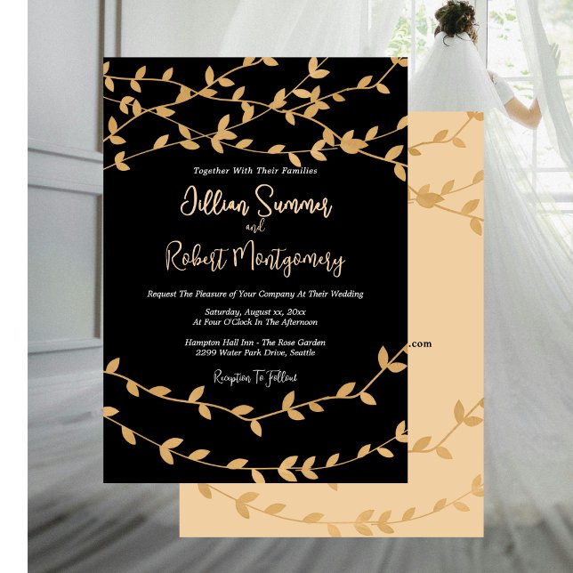 Elegant Gold Leaves with Black Wedding Invitation Einladung (Elegant Gold Leaves With Black Wedding Invitation with RSVP)