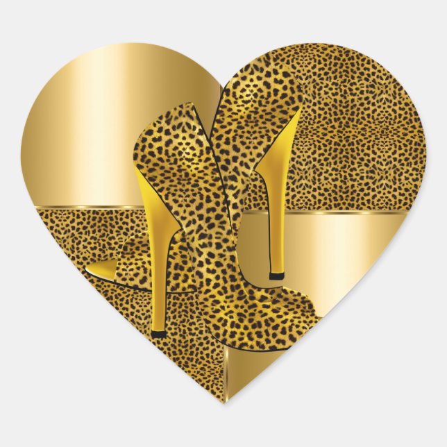 Elegant Gold Leopard High Heel Shoes Animal Herz-Aufkleber (Vorderseite)