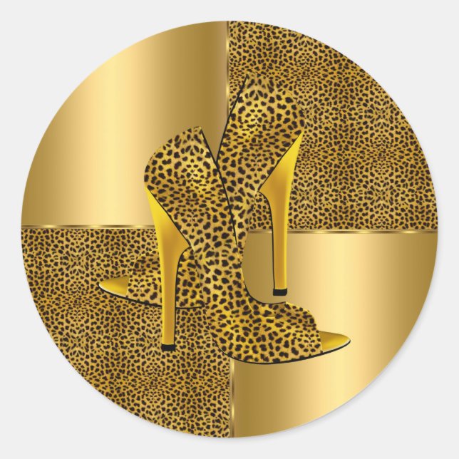 Elegant Gold Leopard High Heel Shoes Animal Runder Aufkleber (Vorderseite)