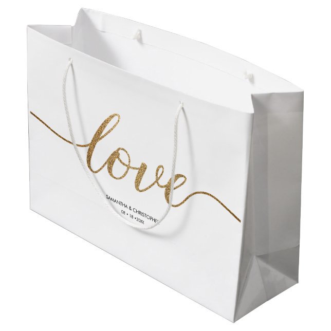 Elegant Gold Liebe Script Wedding benutzerdefinier Große Geschenktüte (Rückseite Schrägansicht)