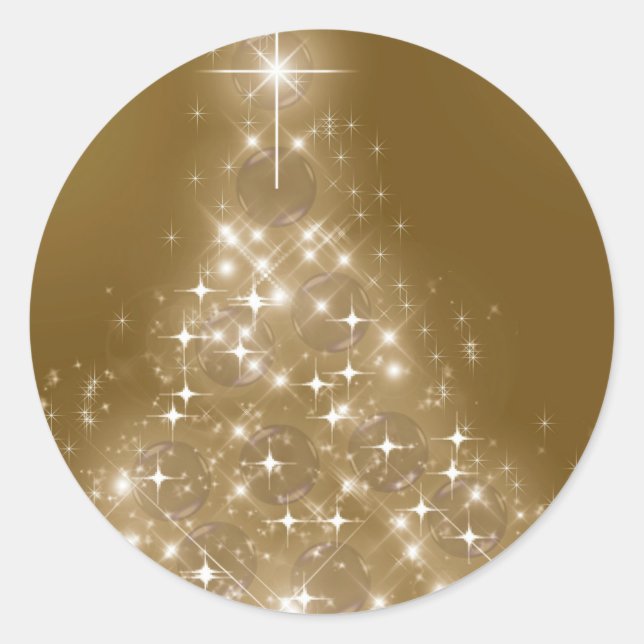 Elegant Gold Lighted Christmas Tree Runder Aufkleber (Vorderseite)