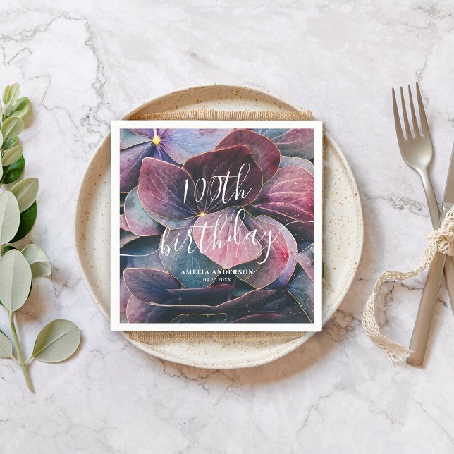 Elegant Gold Lila Blue Hydrangeas 100. Geburtstag Serviette (Von Creator hochgeladen)