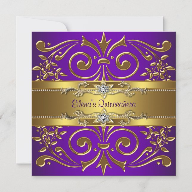 Elegant Gold Lila Quinceanera Einladungen (Vorderseite)