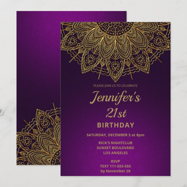 Elégant Gold Mandala 21ème anniversaire Invitation (Devant / Derrière)