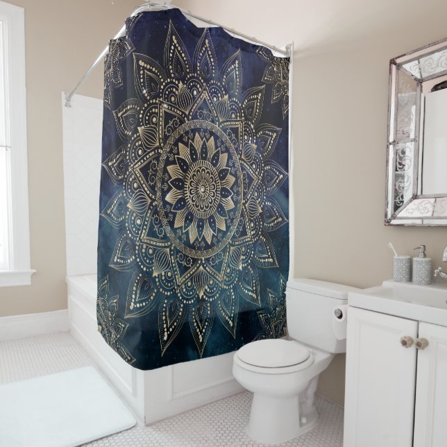 Elegant Gold Mandala Blue Galaxy Duschvorhang (Beispiel)