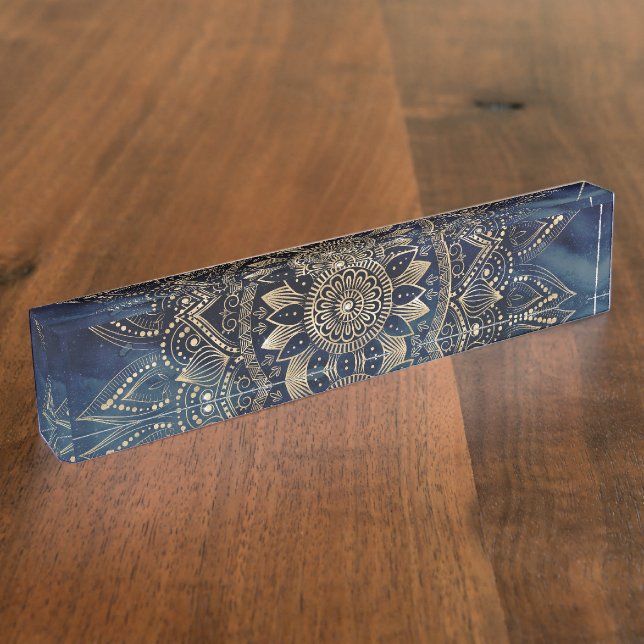 Elegant Gold Mandala Blue Galaxy Namensplakette (Seite)