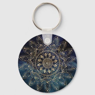 Elegant Gold Mandala Blue Galaxy Schlüsselanhänger