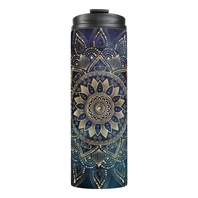 Elegant Gold Mandala Blue Galaxy Thermosbecher (Vorderseite)