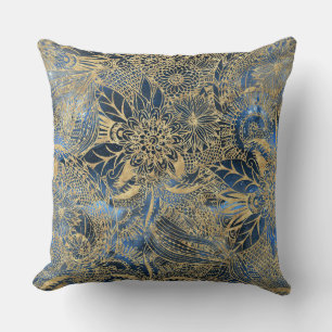 Elegant Gold Mandala Blume Blauer Nebel Kissen