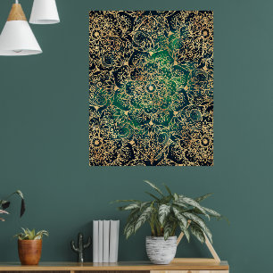 Elegant Gold Mandala Blumengrün Blau Poster