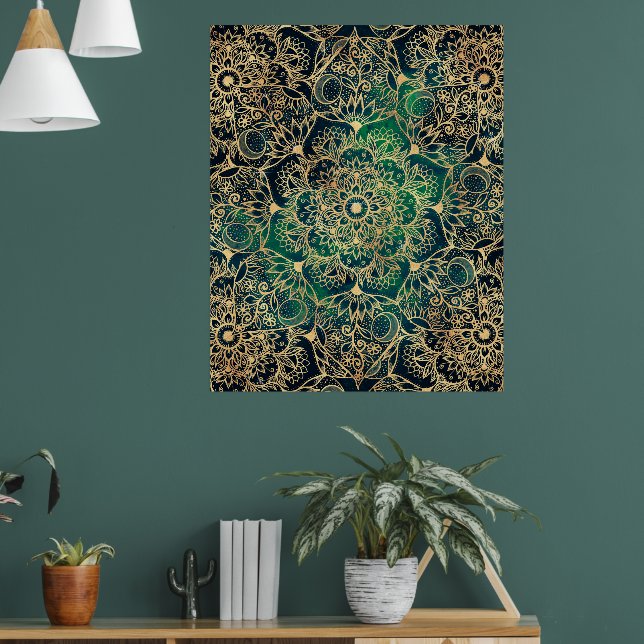 Elegant Gold Mandala Blumengrün Blau Poster (Wohnzimmer 1)