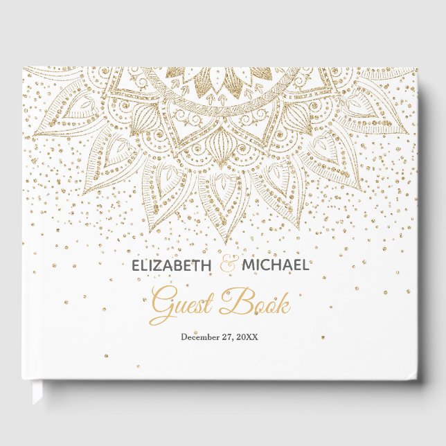 Elegant Gold Mandala Confetti Design Gästebuch (Vorderseite)
