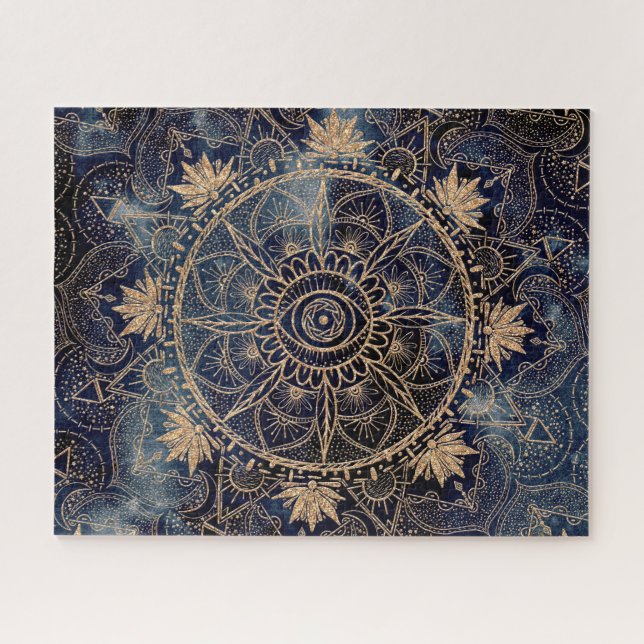 Elegant Gold Mandala Eye Sun Moon Navy Blue (Horizontal)