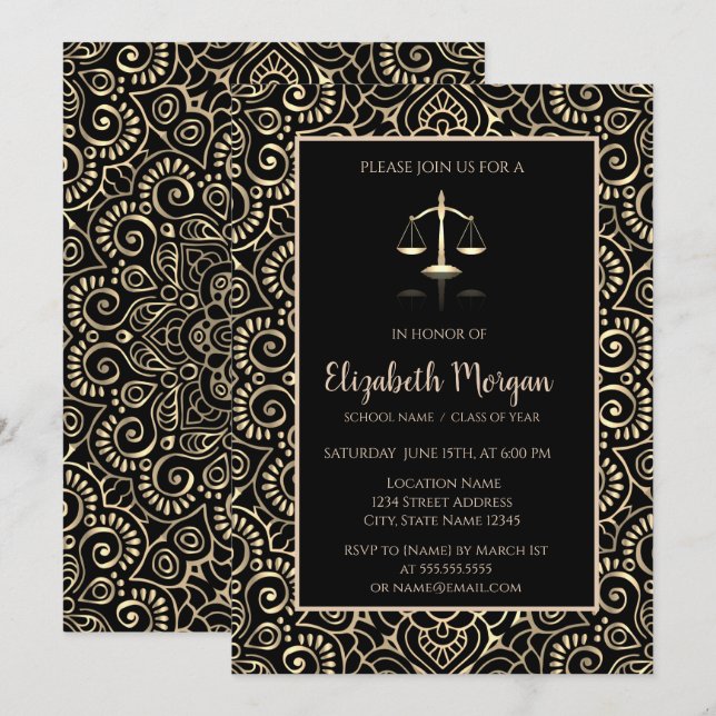 Elegant Gold Mandala Law School Graduation Party Einladung (Vorne/Hinten)