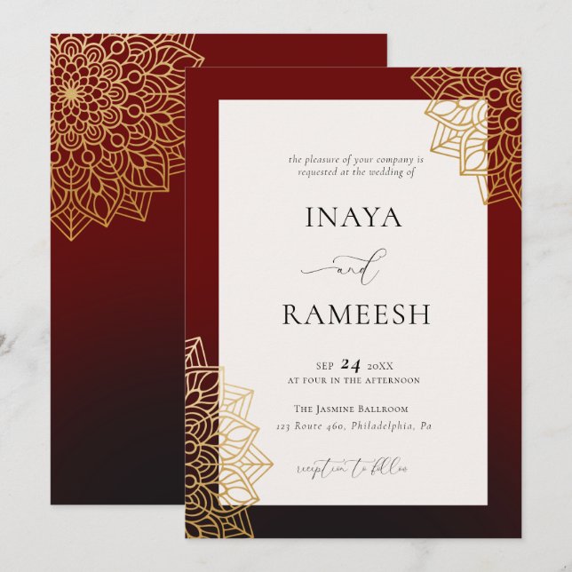 Elegant Gold Mandala Red Indian Wedding Einladung (Vorne/Hinten)