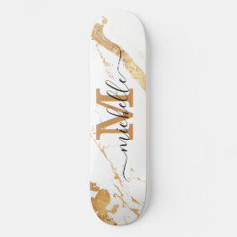 Elegant Gold Marble Monogram Script Skateboard