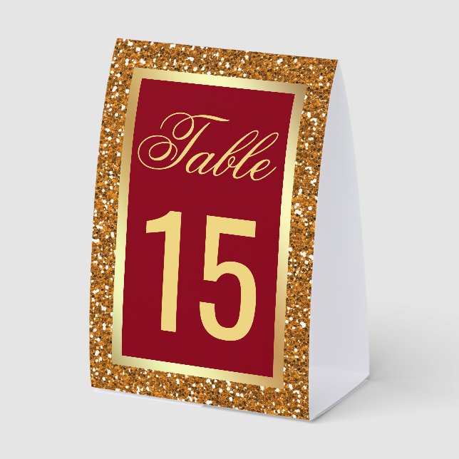 Elegant Gold Maroon Red Wedding Table Number Tischaufsteller (Vorderseite)