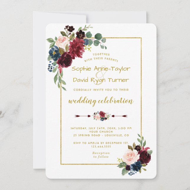Elegant Gold Merlot Navy Blue Floral Wedding Einladung (Vorderseite)