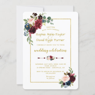 Elegant Gold Merlot Navy Blue Floral Wedding Einladung
