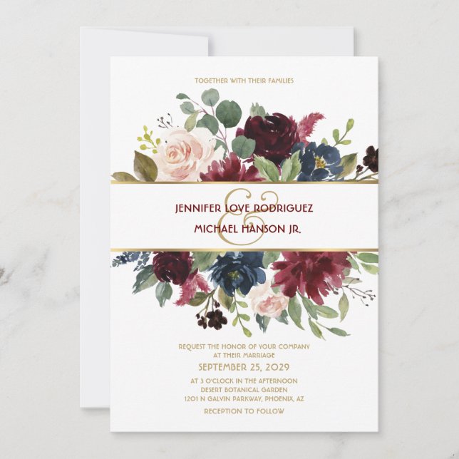 Elegant Gold Merlot Navy Blumenstrauß Hochzeit Einladung (Vorderseite)