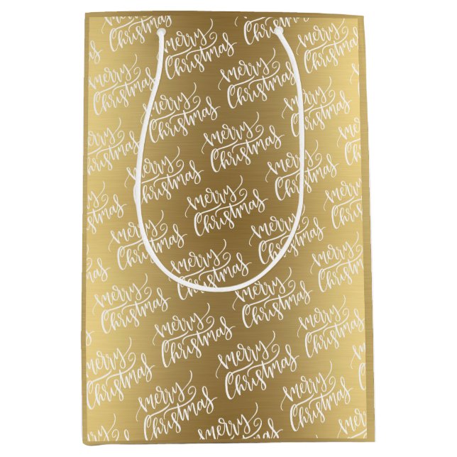 Elegant Gold Merry Christmas Calligraphy Script Mittlere Geschenktüte (Vorderseite)