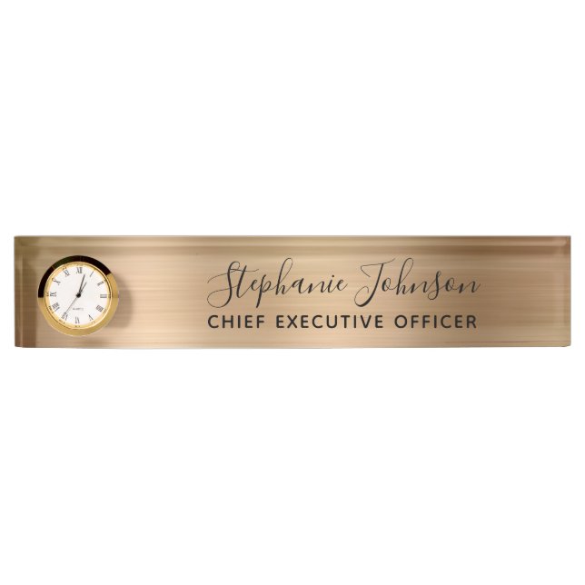 Elegant Gold Metallic Boss Lady CEO Clock Namensplakette (Vorderseite)