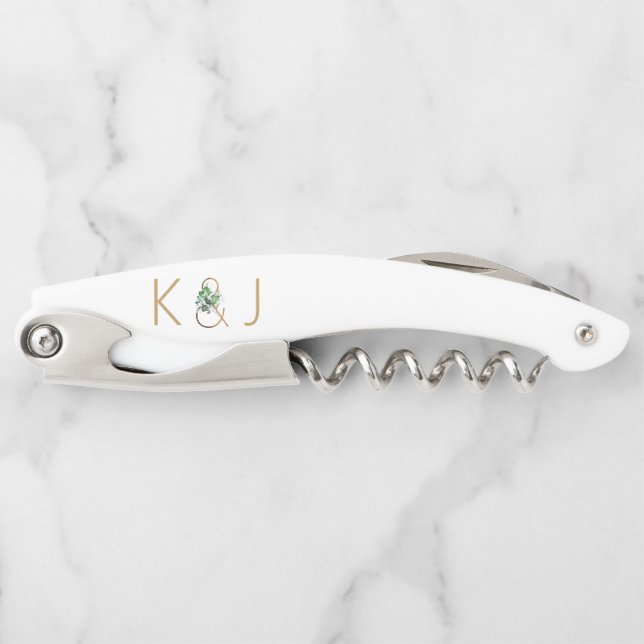 Elegant Gold Monogram Aquarellgrün Kellnermesser (Vorderseite)