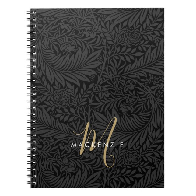 Elegant Gold Monogram Black Floral Pattern Notizblock (Vorderseite)