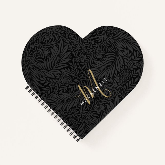 Elegant Gold Monogram Black Floral Pattern Notizbuch (Vorderseite)