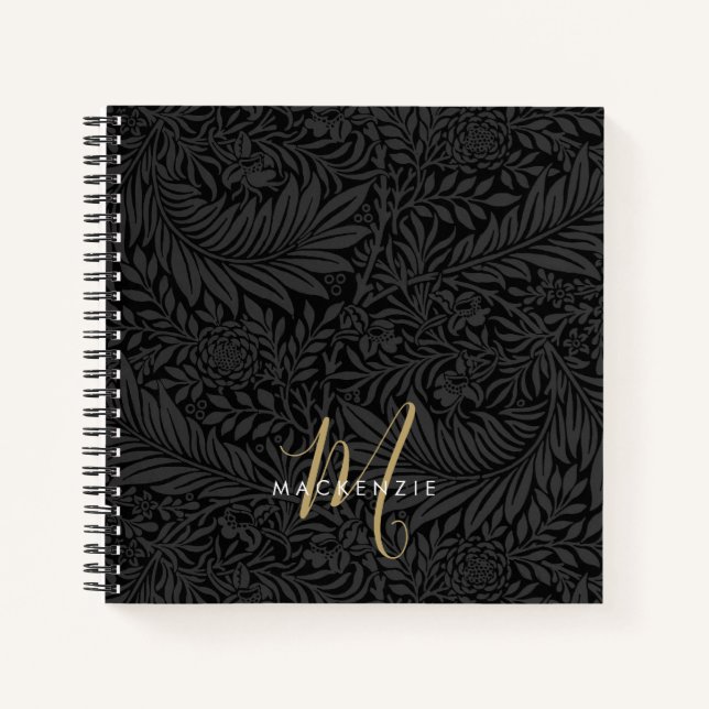 Elegant Gold Monogram Black Floral Pattern Notizbuch (Vorderseite)