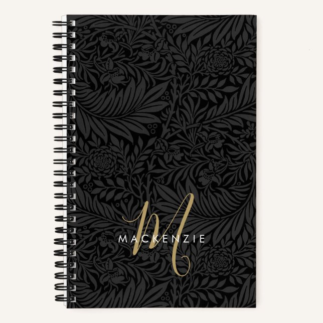 Elegant Gold Monogram Black Floral Pattern Notizbuch (Vorderseite)