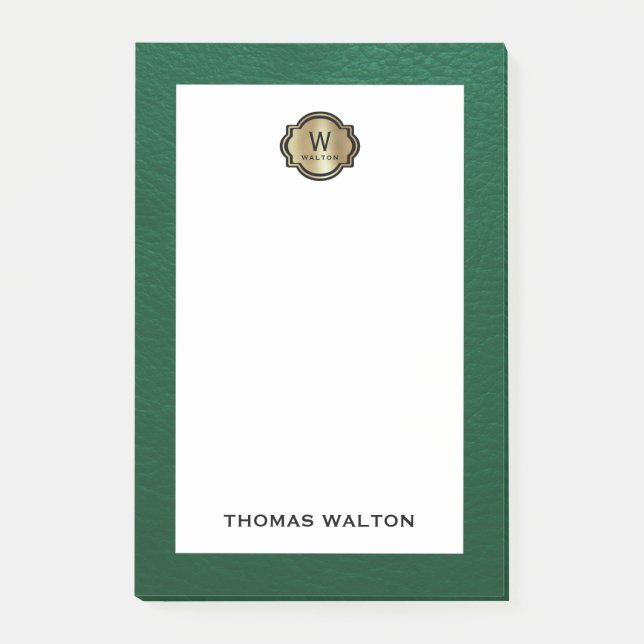 Elegant Gold Monogram Emerald Green Leather Look Post-it Klebezettel (Vorderseite)