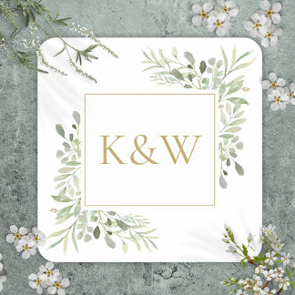 Elegant Gold Monogram Green Foliage Wedding Quadratischer Aufkleber