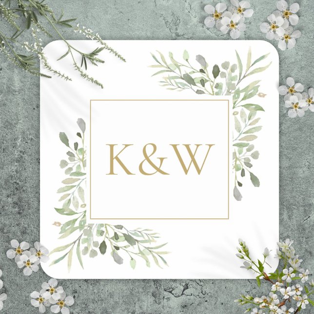 Elegant Gold Monogram Green Foliage Wedding Quadratischer Aufkleber (Elegant Gold Monogram Greenery Foliage Wedding Square Sticker)