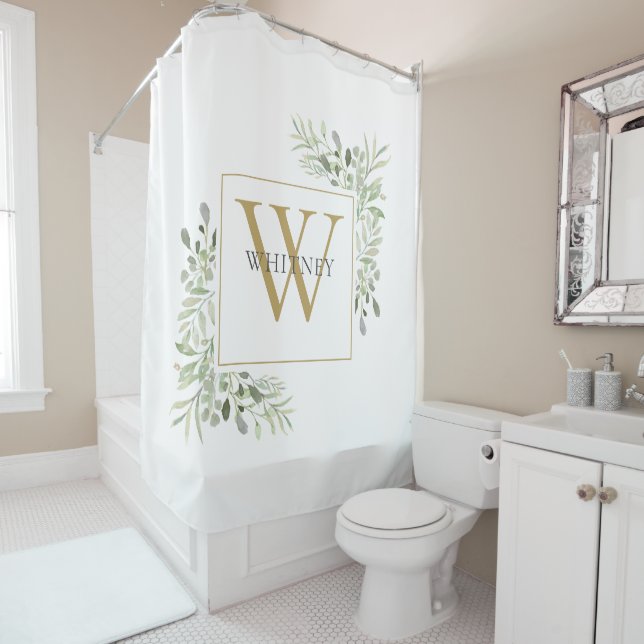 Elegant Gold Monogram Greenerenerage Foliage Showe Duschvorhang (Beispiel)