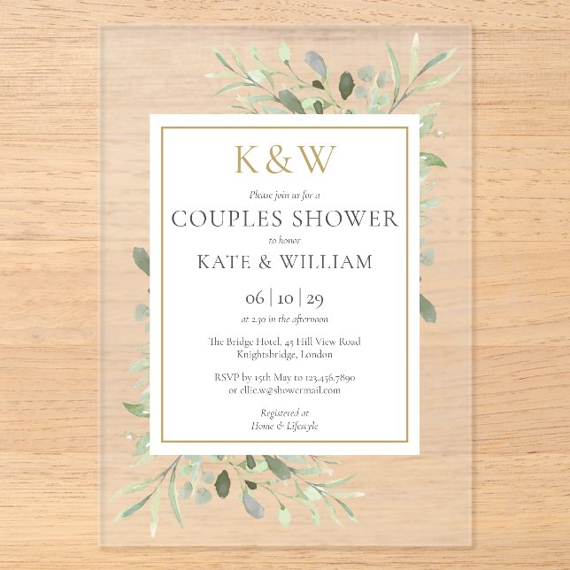Elegant Gold Monogram Greenerenery Couples Dusche Acryleinladungen (Vorderseite)