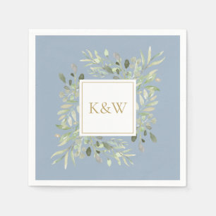 Elegant Gold Monogram Greenery Dusty Blue Serviette