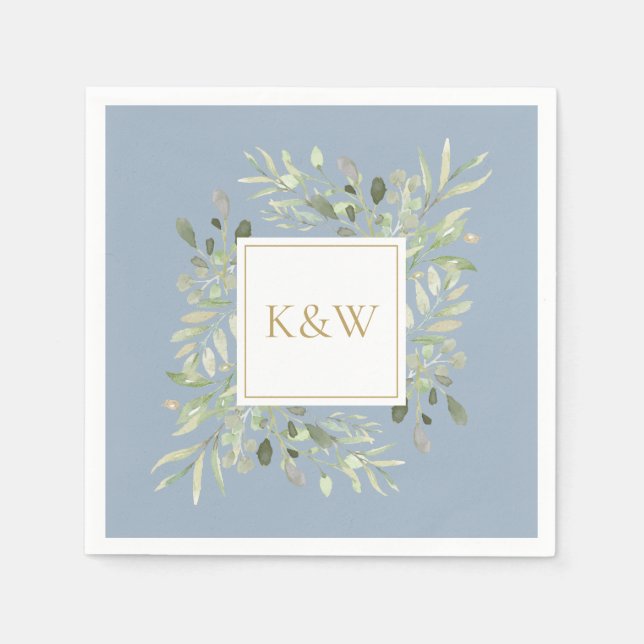 Elegant Gold Monogram Greenery Dusty Blue Serviette (Vorderseite)