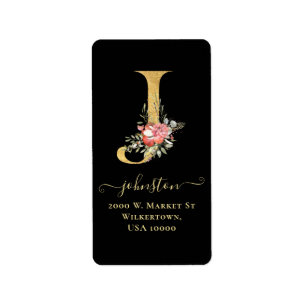 Elegant Gold Monogram J Floral Address Label Adressaufkleber